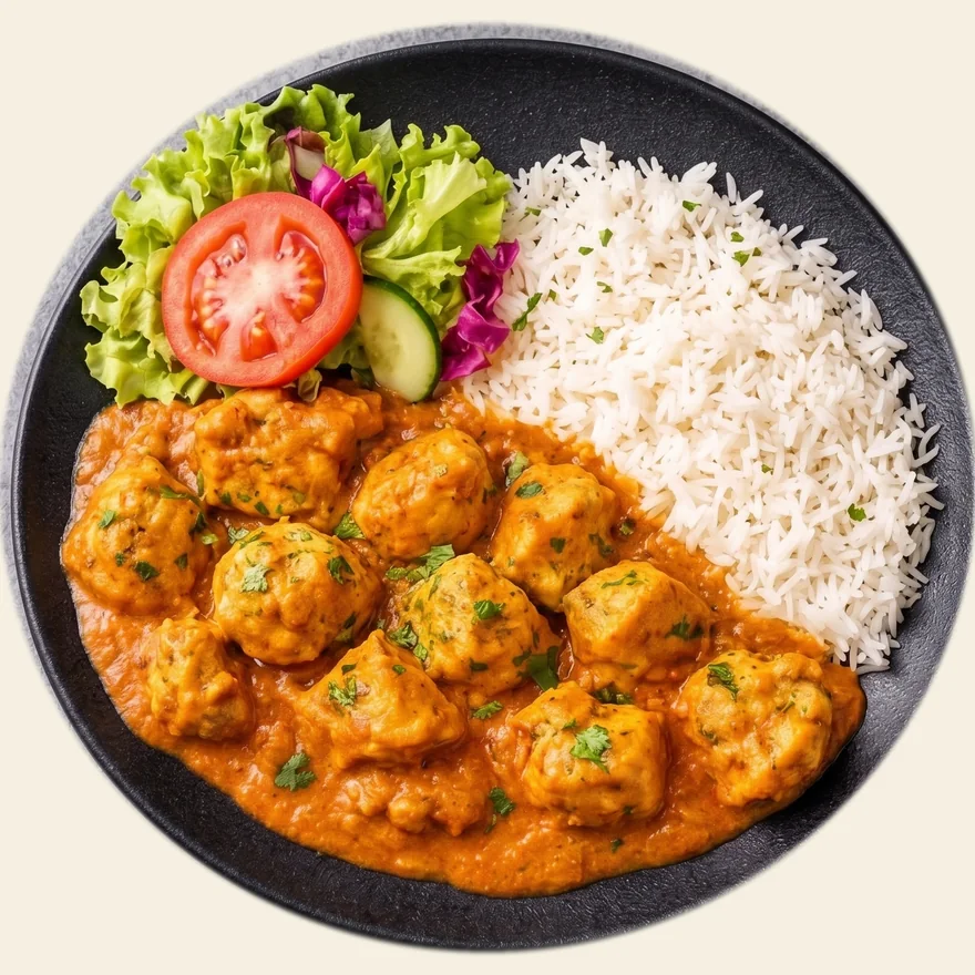 Butter Chicken mit Basmatireis, frischem Salat und Koriander