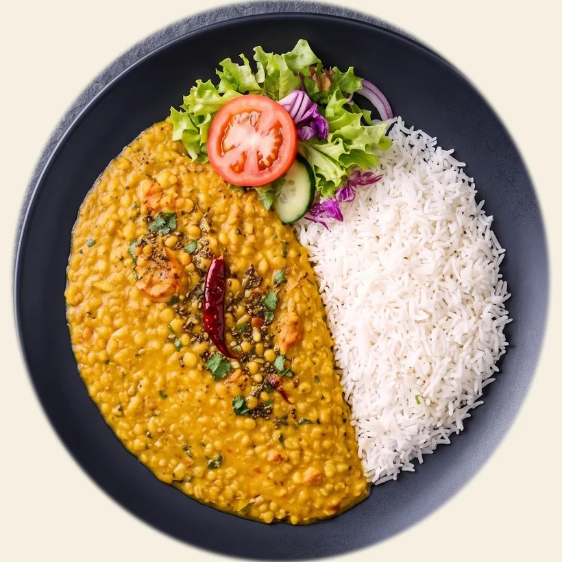 Dal Tadka mit Basmatireis und frischem Salat